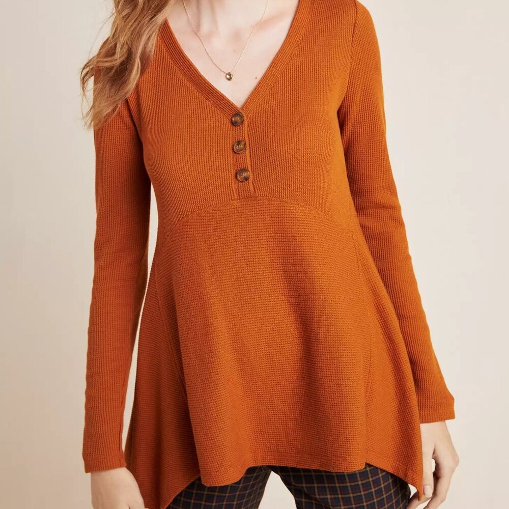 Anthropologie Maeve Eliza Henley Babydoll Tunic Size XS Burnt Orange Waffleknit - Picture 1 of 8